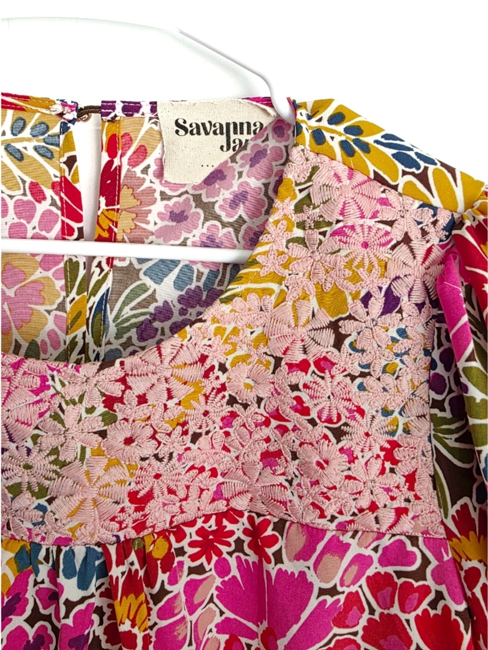 SAVANNA JANE Pink Multi Floral Crochet Embroidered Yoke Blouse L - Picture 2 of 3